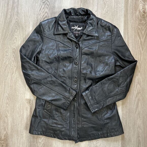 Wilsons Leather Jacket Womens Medium Maxima Black Button Front Vintage Pockets - Picture 1 of 10